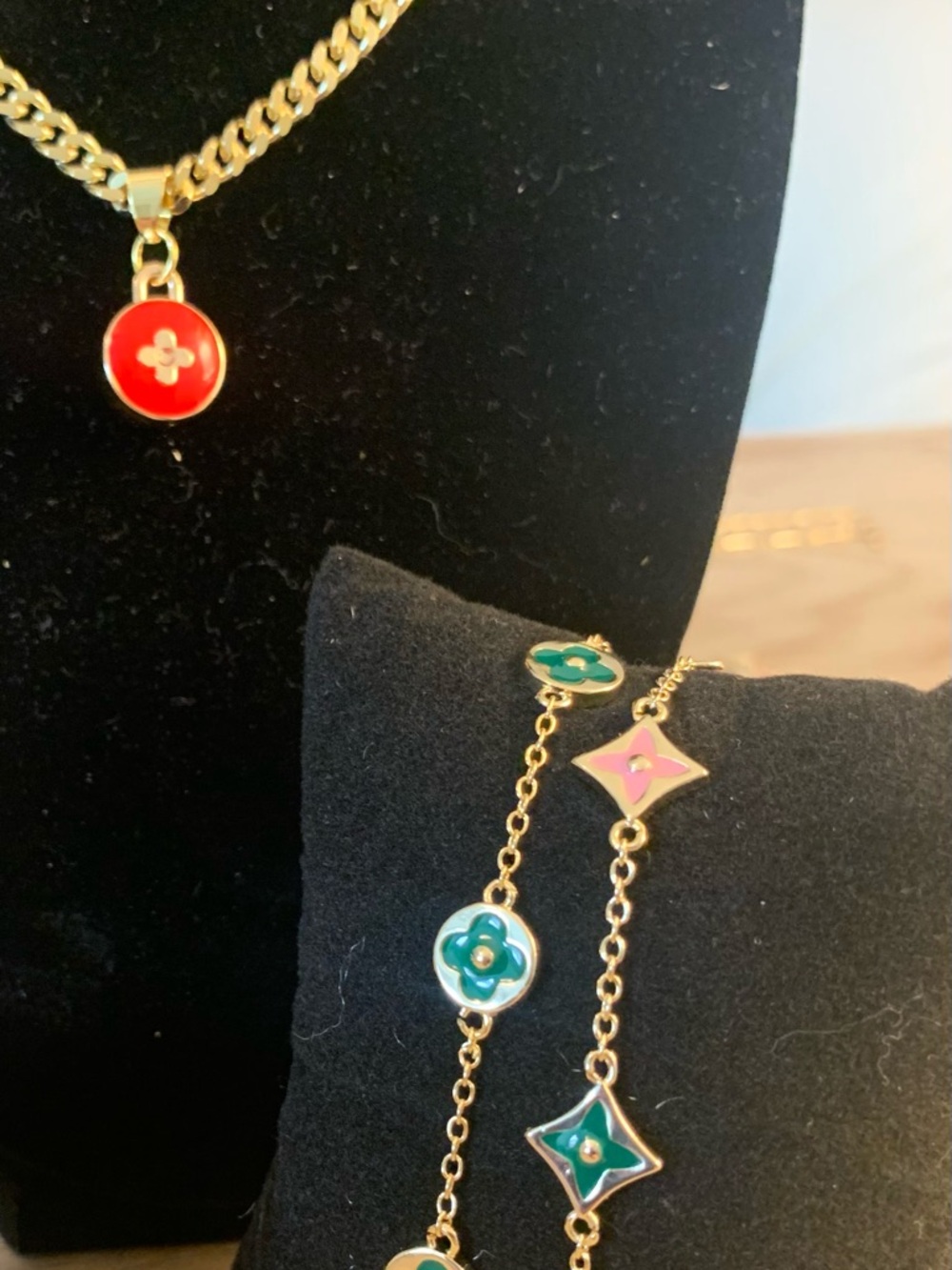 Gold plated 14k Multi-Color Enamel Pendant Necklace and Bracelet Set